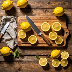 Frische Zitronenscheiben auf einem Holzschneidebrett, perfekt für erfrischende Getränke.