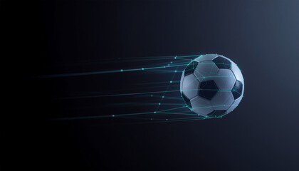 A soccer ball flying through a black background leaving a glowing digital trail. Futuristic, high-tech, and energetic scene perfect for sports, gaming, and sci-fi projects.