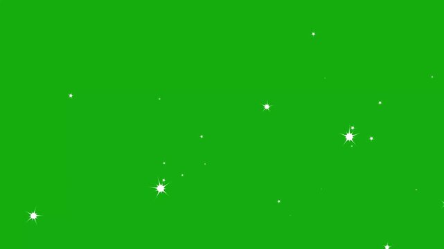 Twinkling glowing sparkle white cartoon stars animation with glitter dust trails drifting in 2D flat vector twinkle motion graphics on green screen background, seamless 4K looping video