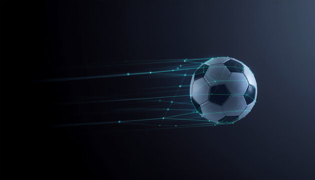 A soccer ball flying through a black background leaving a glowing digital trail. Futuristic, high-tech, and energetic scene perfect for sports, gaming, and sci-fi projects.