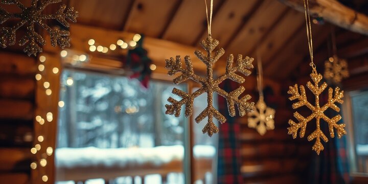 Golden snowflake ornaments hanging from a wooden cabin window, with a blurred view of a snowy forest outside.