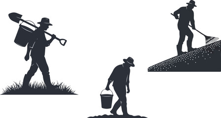 Silhouette of a farmer working with tools in different poses carrying bucket and shovel. © Pemburu