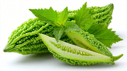 Fresh Bitter Melon with Sliced Piece and Green Leaves, Whole and Cut Bitter Gourd Arranged with Leaf Greens