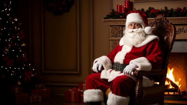 Santa Claus sitting in an ornate armchair by a warm fireplace with a decorated Christmas tree and gifts. Holiday celebration and winter season with copy space