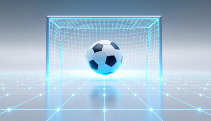 A soccer ball speeding toward a glowing digital goal in a futuristic environment. Energetic, dynamic, and high-tech scene perfect for sports, gaming, and sci-fi projects.