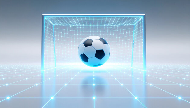 A soccer ball speeding toward a glowing digital goal in a futuristic environment. Energetic, dynamic, and high-tech scene perfect for sports, gaming, and sci-fi projects.