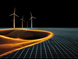 Futuristic wind turbine field with ai grid overlay renewable energy landscape technology visualization