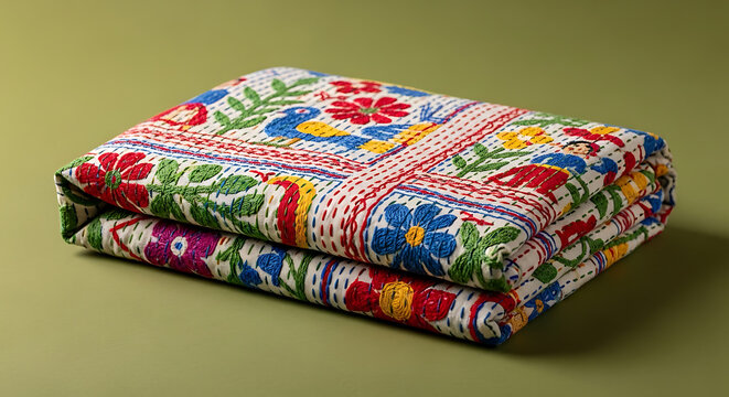 A folded handmade quilt with colorful floral and bird patterns on a green surface in a studio setting