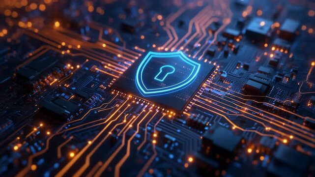 4K Digital Security Shield Icon Representing Data Protection and Cyber Safety on a Computer Chip