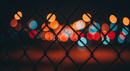Looking through a dark metal fence at a vibrant display of blurred city lights, creating a beautiful bokeh effect with a mysterious and cinematic atmosphere