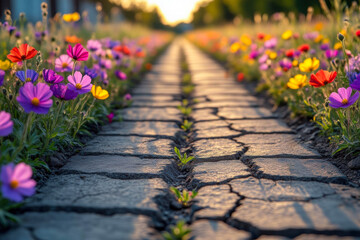 A low angle view of a stone path surrounded by vibrant wildflowers at sunset, with a shallow depth of field