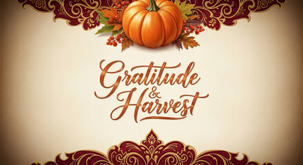 Image features a pumpkin with autumn foliage above the words "Gratitude & Harvest", ornamental floral decoration, celebrating harvest, thankfulness