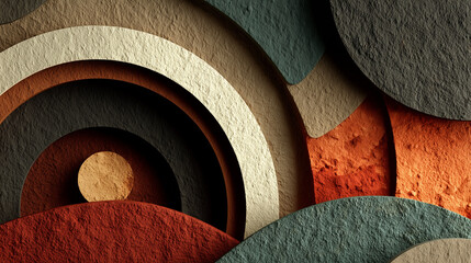 abstract wall design featuring multiple circular shapes, gray and brown color palette, soft lighting effects, suitable for website banners, social media headers, and modern presentation backgrounds