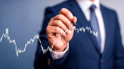 Hand of a suited professional drawing a digital stock market line chart, illustrating financial analysis, trends and market performance.