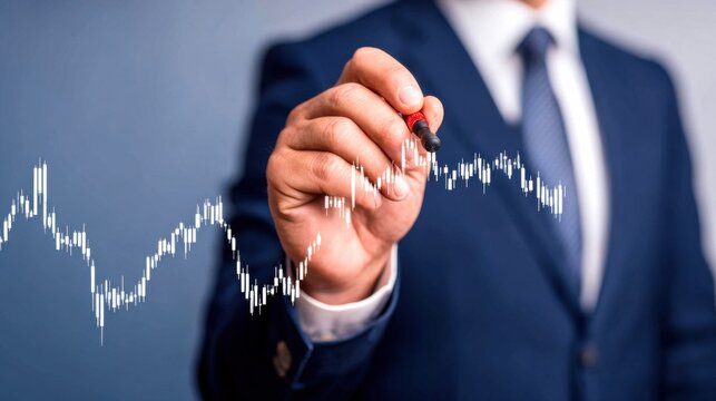 Hand of a suited professional drawing a digital stock market line chart, illustrating financial analysis, trends and market performance. - Powered by Adobe