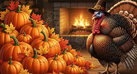 Festive still life with pumpkin pile, autumn leaves and a turkey wearing a hat near the fireplace, evokes feelings of warmth, harvest, and gratitude