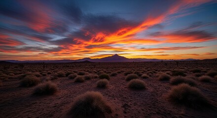 A dramatic fiery sunset with vibrant orange and red clouds illuminates a vast desert landscape with a solitary mountain peak on the horizon, creating a serene and epic scene