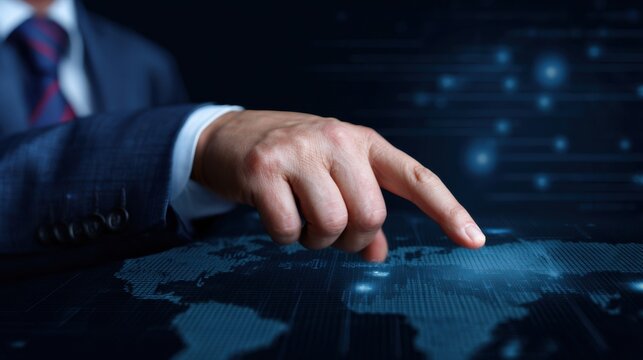 Suited hand pointing at a glowing digital world map on a touchscreen, highlighting data nodes, networks, and global connectivity.