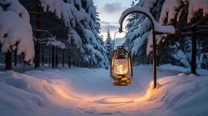 A vintage oil lantern illuminates a snowy forest path at dusk casting a warm glow on the winter wonderland
