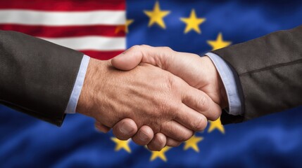 Two people in suits shaking hands before overlapping US and EU flags, symbolizing transatlantic cooperation, diplomacy, trade, or a political/business agreement.