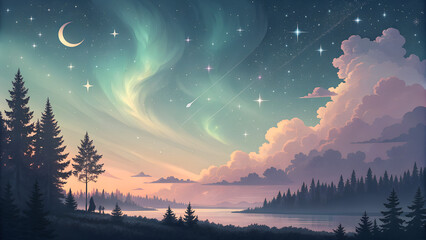Celestial background, soothing and ethereal, twilight gradient with faint auroras, with copy space on the left