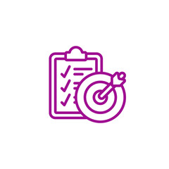Purple outline of a clipboard with a checklist and a dartboard with an arrow isolated on white background