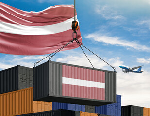 Latvia Export and Import: A cargo container adorned with Latvia flag is hoisted mid-air, symbolizing the nation's global trade and economic activity, against a backdrop of a vibrant sky.