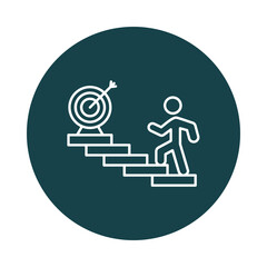 Illustration of a person climbing stairs towards a target on a white background isolated on white background