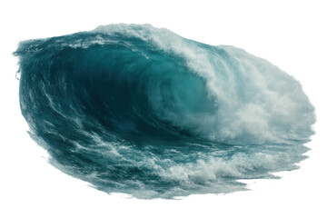 Powerful teal ocean wave crashing, curving water creating foam and dynamic movement, transparent background concept