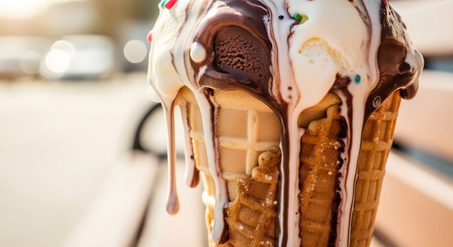 Delicious ice cream cone with chocolate and vanilla melts outdoors - Powered by Adobe