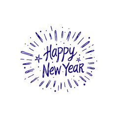 Happy new year handwritten text with starburst effect isolated on white background