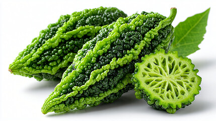 Fresh Bitter Melon Pair with Slice and Leaves, Whole and Cut Bitter Gourd Displayed with Leaf Greens