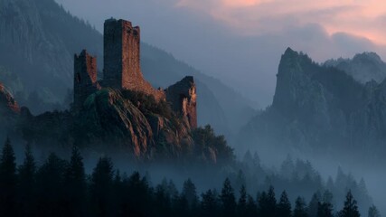 Ancient stone castle perched on misty mountain at sunrise - Powered by Adobe