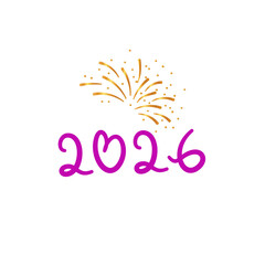 Purple handwritten year 2026 with golden fireworks isolated on white background