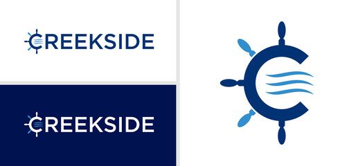 Maritime logo design vector with an abstract steering wheel icon. Illustration of a ship's steering wheel with accents of three abstract water waves.