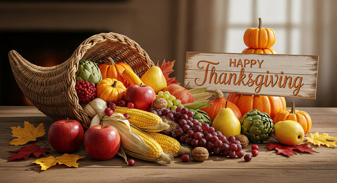 Cornucopia filled with harvest fruits and vegetable on wood surface with sign. Representative of Thanksgiving celebration, abundance, and autumn season. - Powered by Adobe