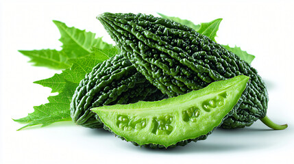 Fresh Bitter Melon with Cut Slice and Leaf Greens, Whole and Sliced Bitter Gourd Arranged on Green Leaves