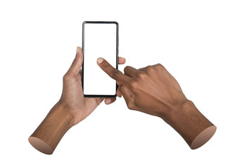 Phone in both hands. Dark-skinned male tapping smartphone screen with forefinger, interacting with