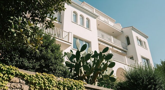 Low-angle view of a modern white apartment building with balconies, surrounded by lush green plants including a cactus and ivy under a clear blue sky on a sunny day