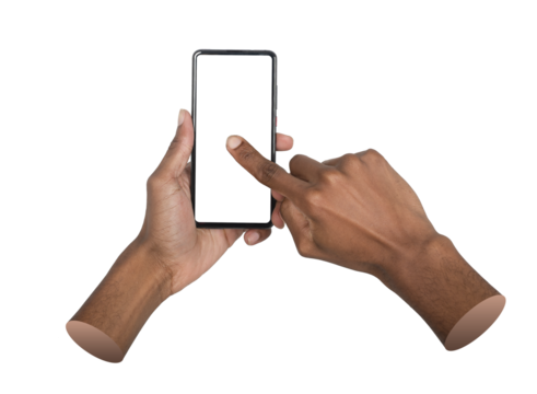 Phone in both hands. Dark-skinned male tapping smartphone screen with forefinger, interacting with