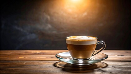 Obraz premium Aromatic coffee in glass cup placed on wooden table with elegant lighting