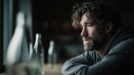 Reflective moment in a quiet room with a thoughtful man gazing through a window on a rainy day