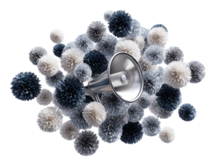 Silver megaphone surrounded by fluffy pom poms