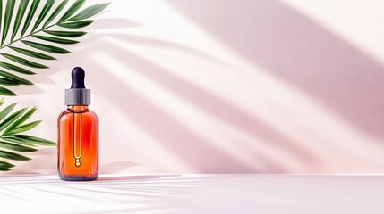 An amber glass dropper bottle sits beside green palm leaves, with dappled light and shadows creating a serene atmosphere.