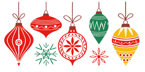 Vintage mid-century Christmas ornaments vector set featuring retro shapes, soft colors, and nostalgic festive patterns. Perfect for cards, wrapping paper, d&eacute;cor, and branding.