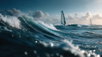 Windsurfing adventure on a vibrant ocean at sunset with waves crashing under a dramatic sky