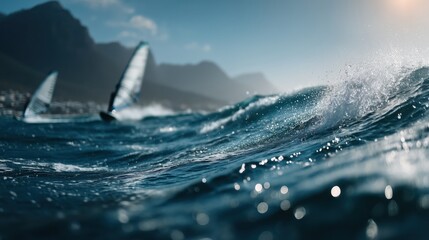 Windsurfers cut through the waves under the bright sun in a scenic coastal landscape