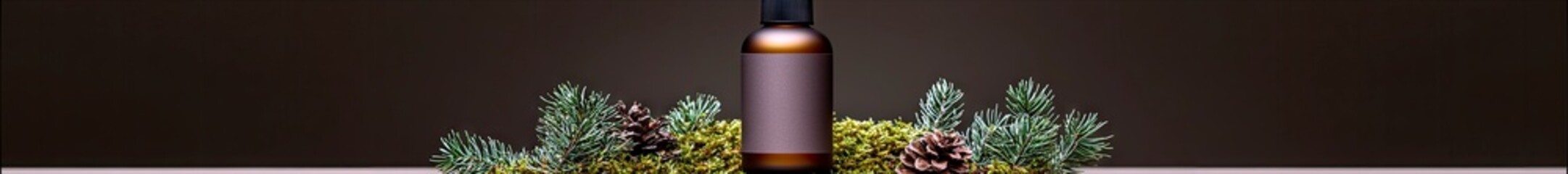 A dark amber glass bottle with a dark cap sits in the center, framed by moss and pine cones, against a dark, blurred background.