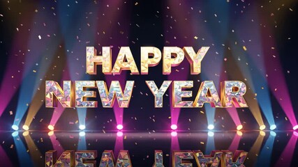 A shimmering gold and silver happy new year 3d text with confetti and lights - Powered by Adobe