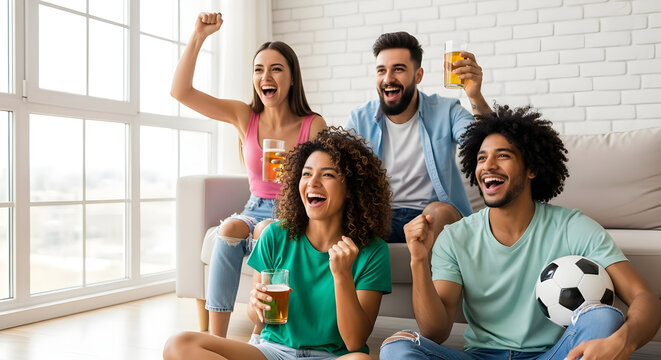 Enthusiastic soccer supporters watching match together celebrating a goal indoor home with beer mugs and soccer ball in hand expressing exhilaration cheering for their sports team with joy happiness